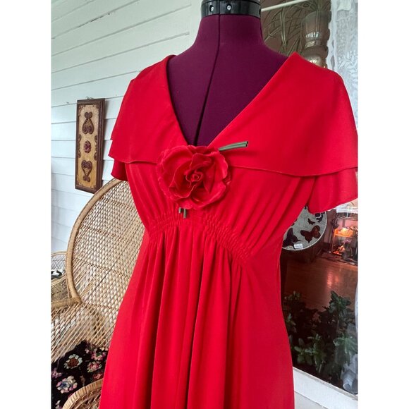 Vintage 1970s Red Maxi Dress Butterfly wing sleeves attached Rose - Picture 12 of 15